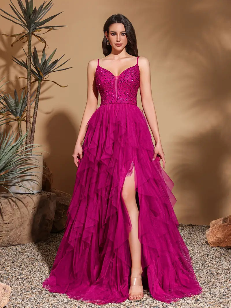 Off the Shoulder Sequin Mesh Dress in Rose