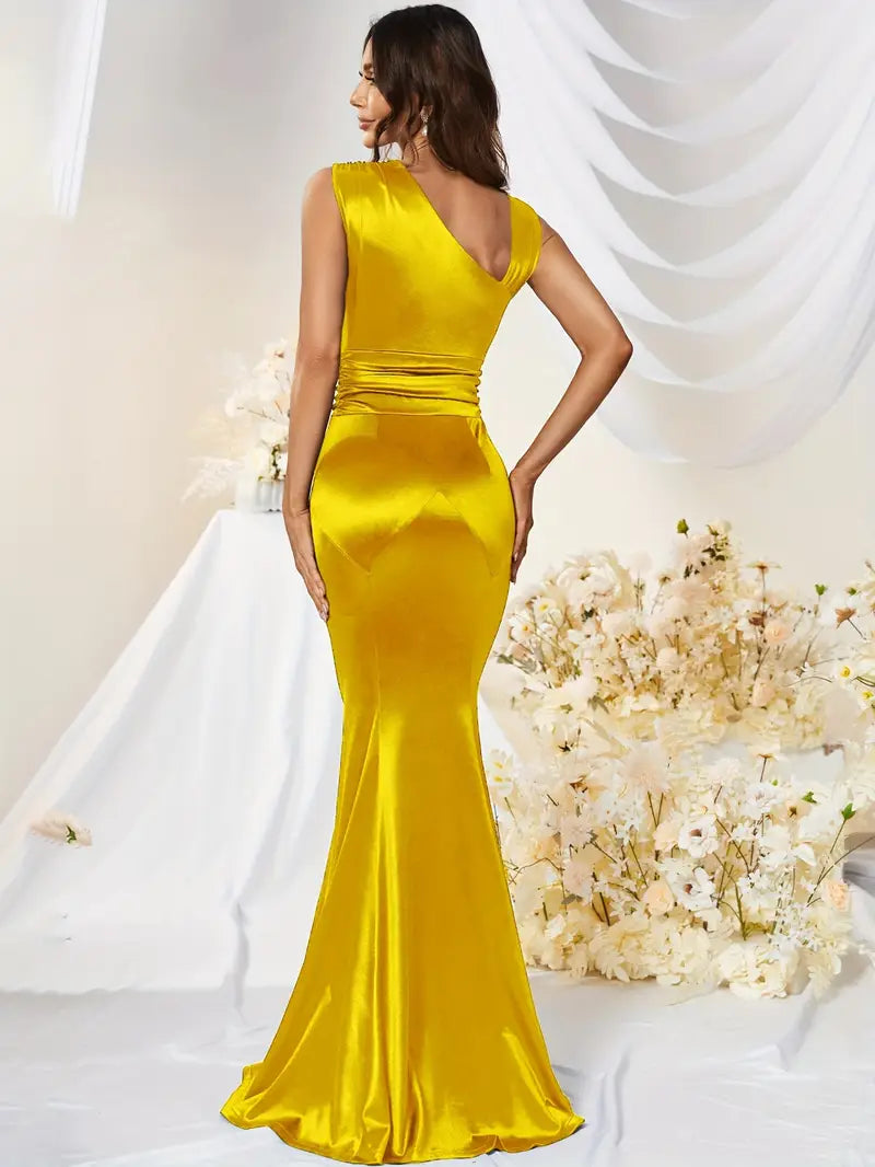 PRE ORDER Asymmetrical Neckline Satin Gown in Yellow