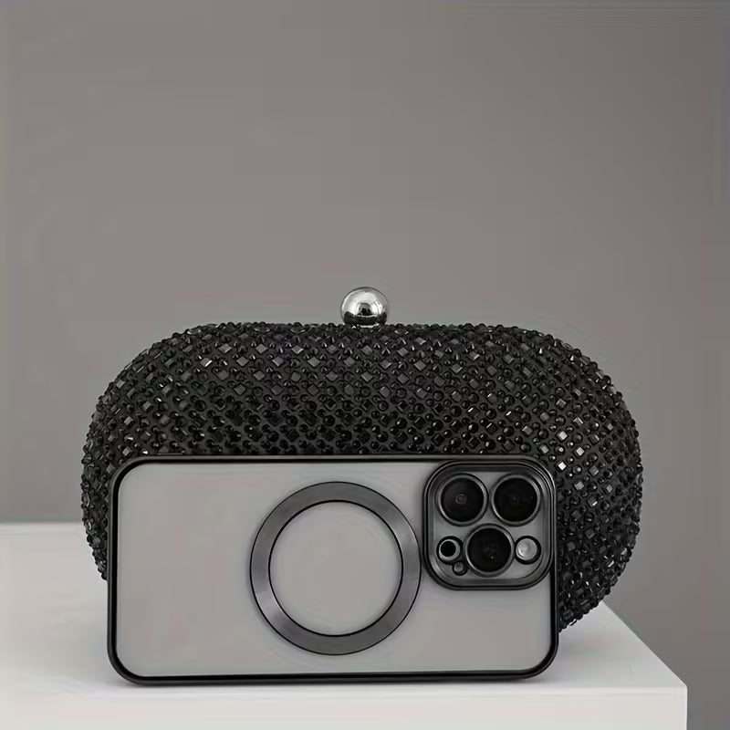 Oval Shaped Black Rhinestone Clutch