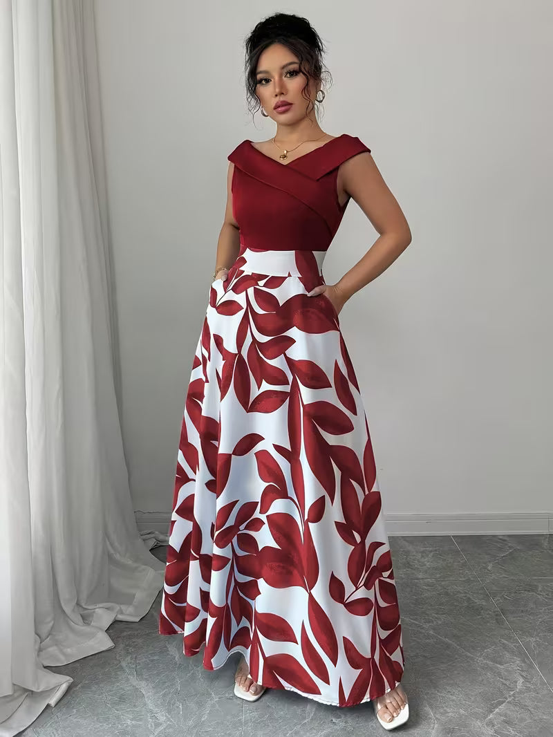 Elegant Print V-Neck Maxi Dress in Burgundy