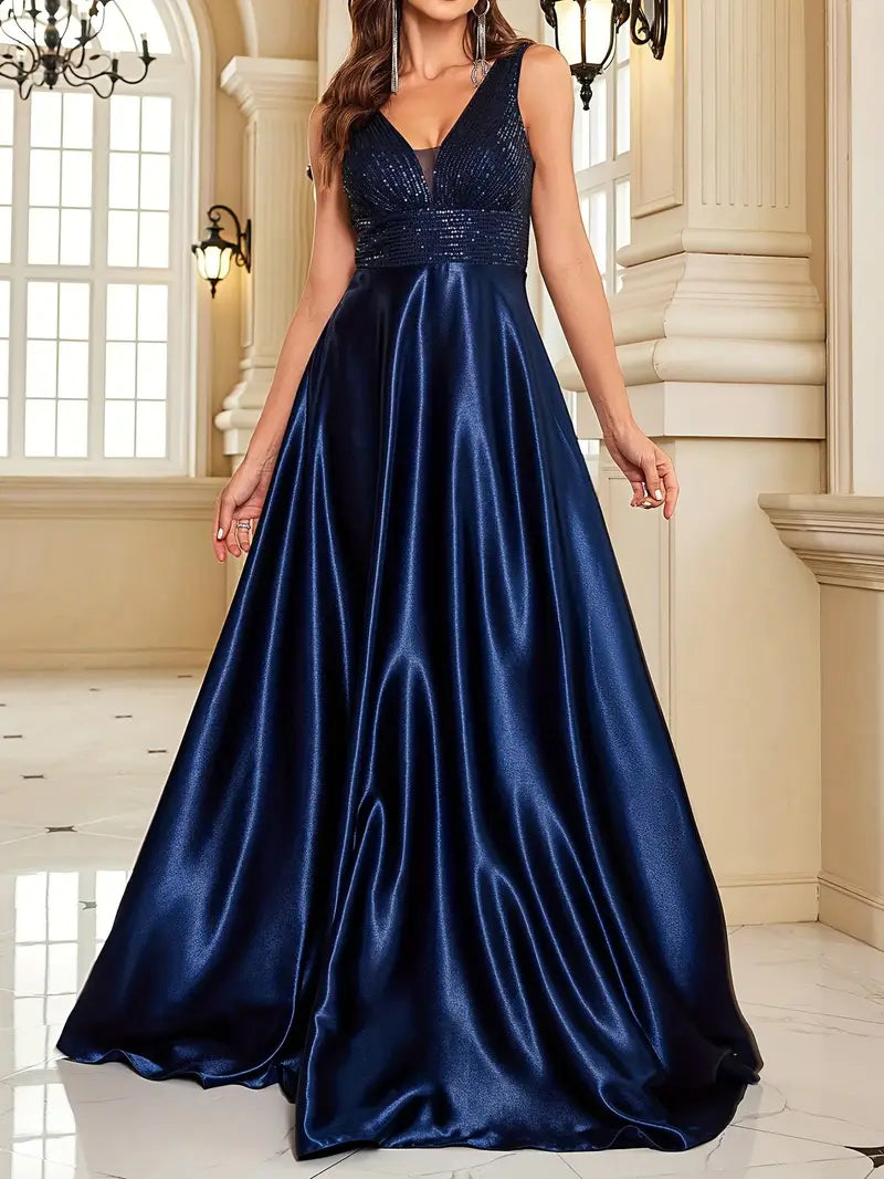 Satin Navy Blue Sequin Dress