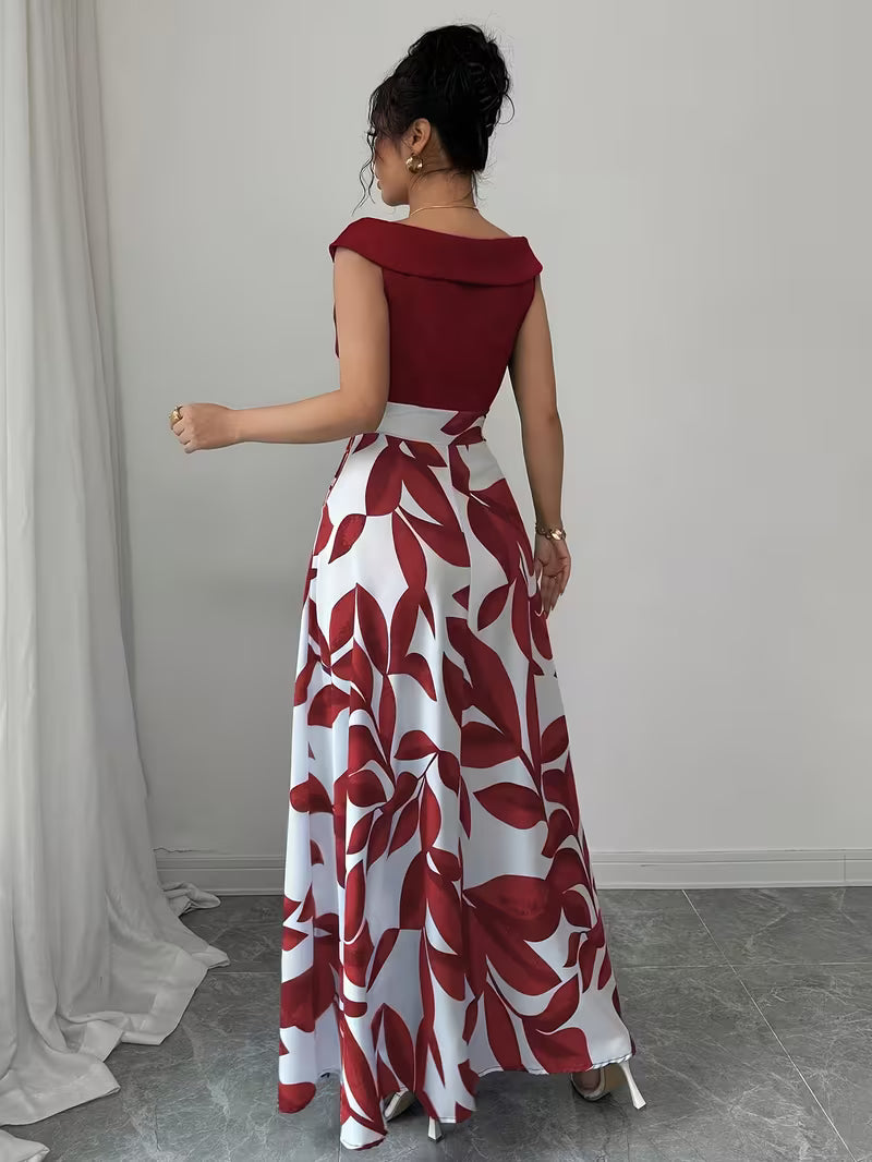 Elegant Print V-Neck Maxi Dress in Burgundy