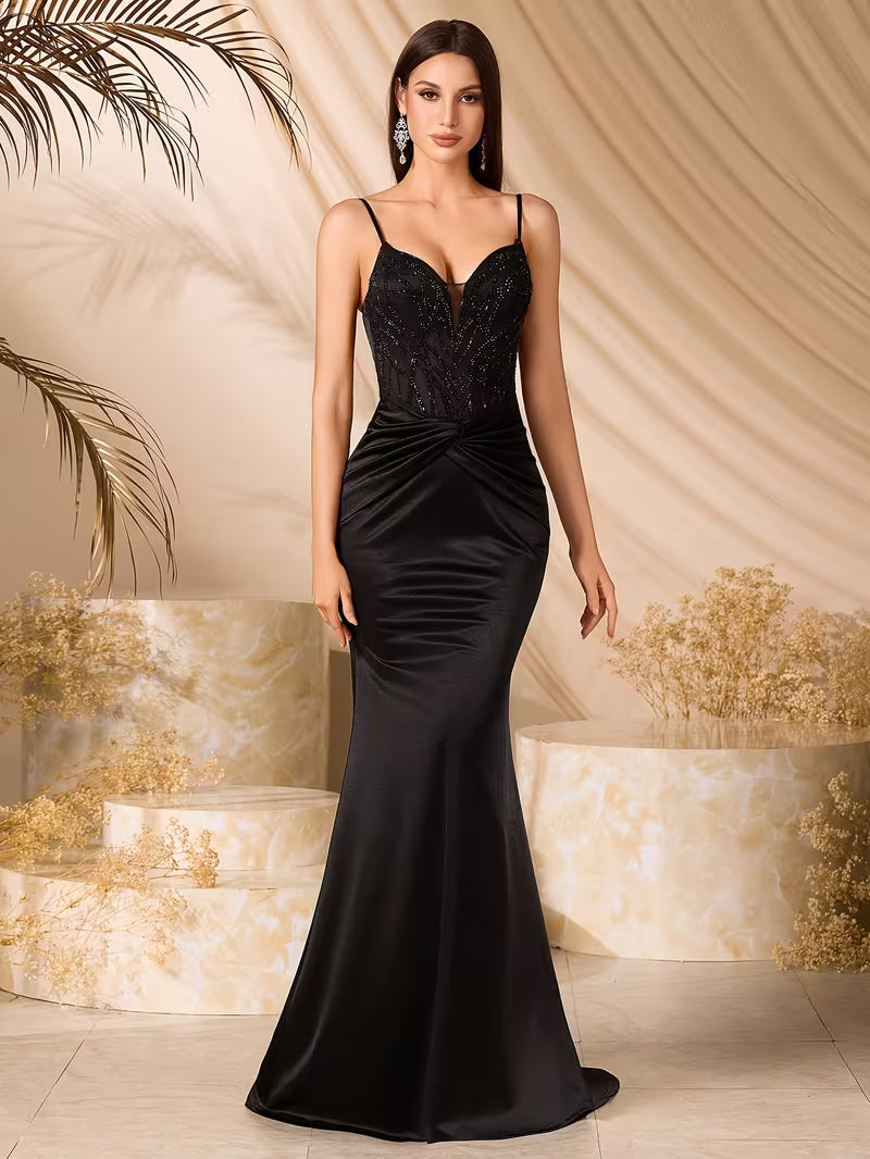 Black Sequin FishtailThin Strap Gown