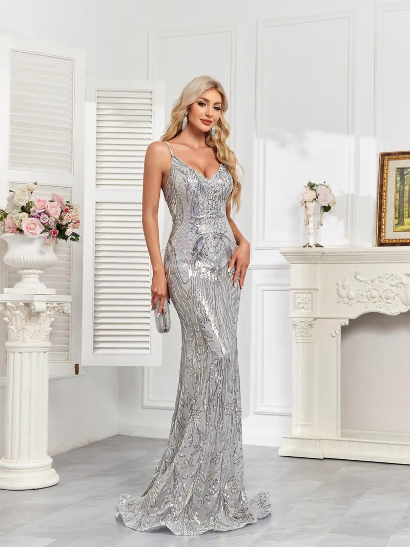 Silver Grey Sequined Mermaid Strap Dress