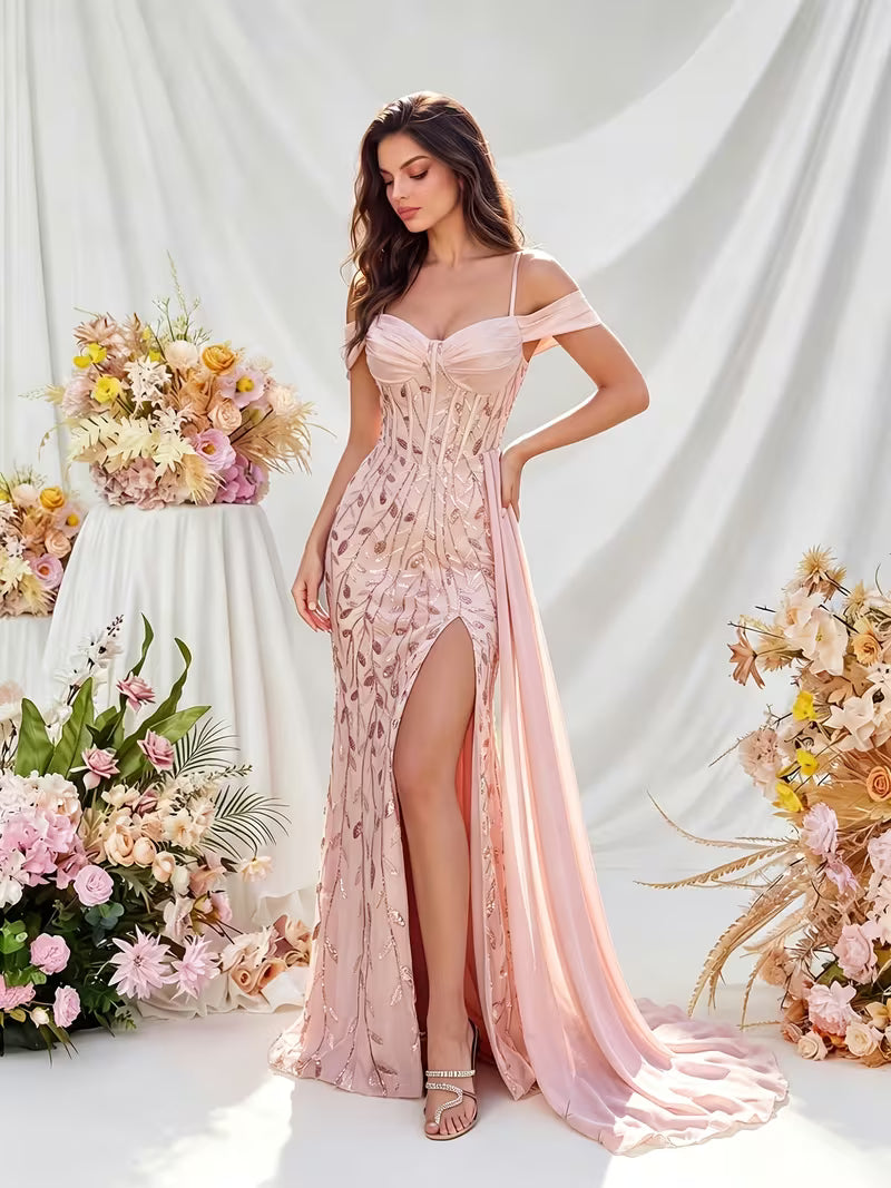 Elegant Open Shoulder Fish Tail Gown in Champagne