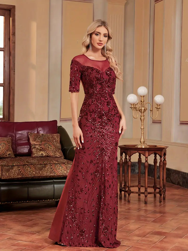 Mermaid Fit Sequin Gown in Burgundy
