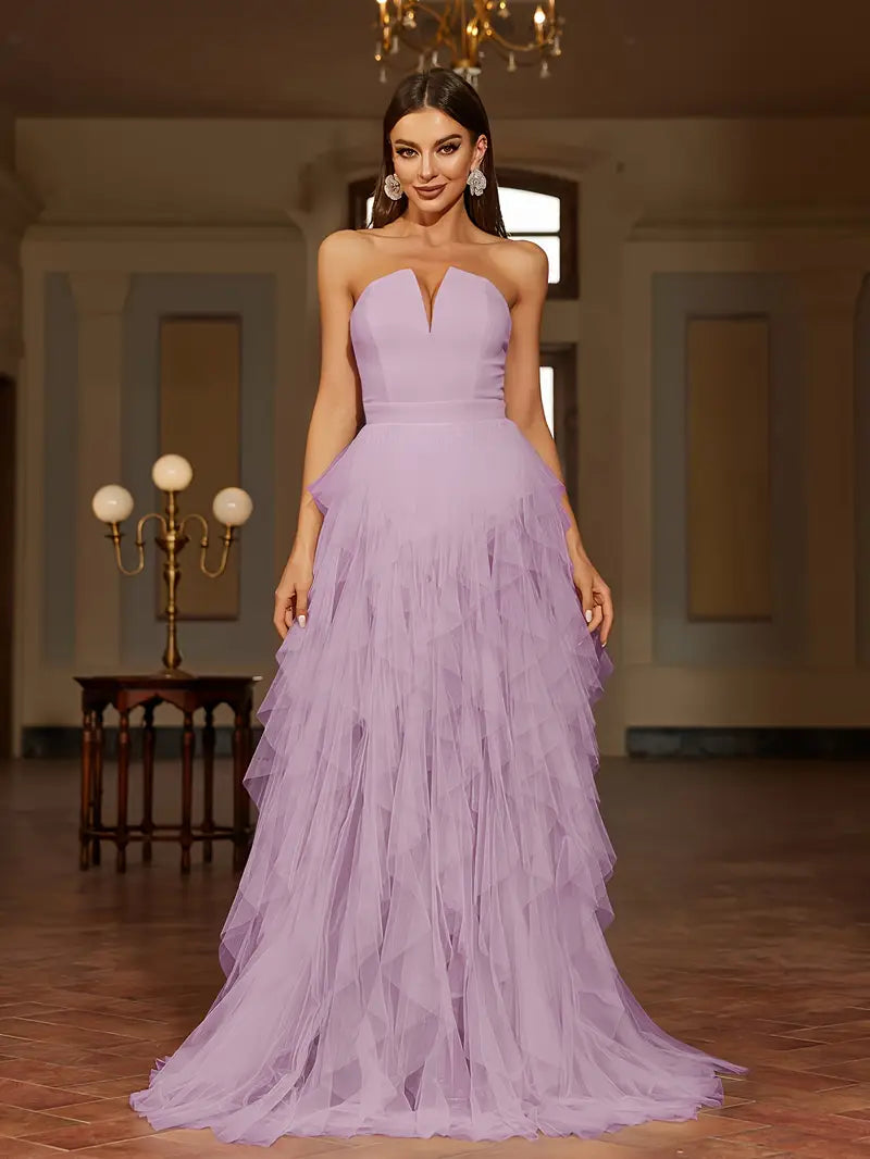 PRE-ORDER Ruffled Tulle Off the Shoulder Gown in Lavender