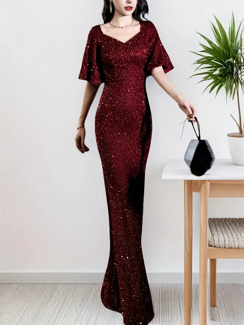 Sequin V Neck Ruffle Sleeve Gown in Burgundy