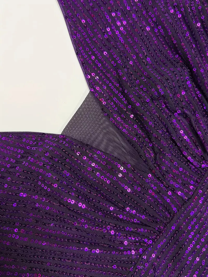 V-Neck Deep Purple Sequin & Satin Gown