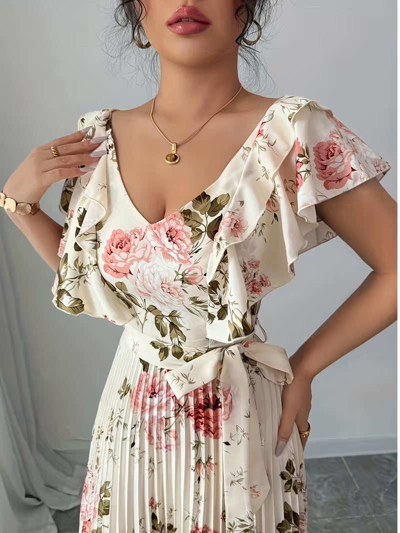 Ruffle Shoulder Floral Print Maxi Dress