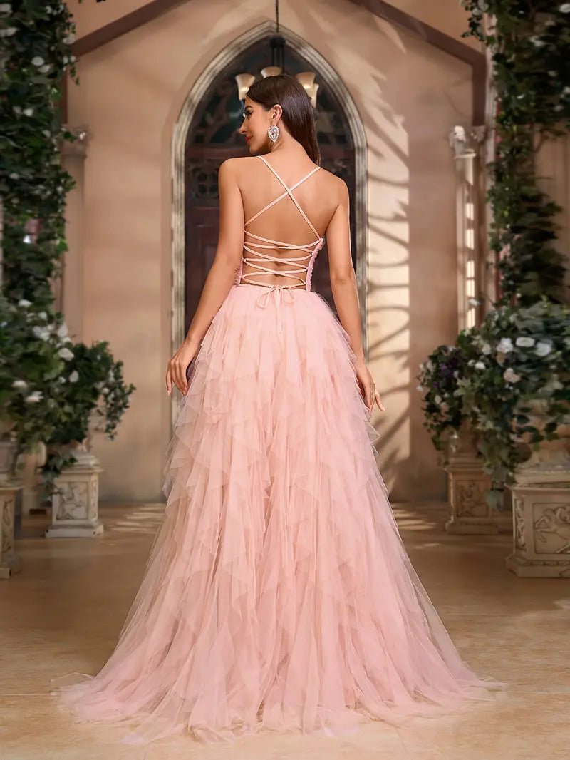 Strapless Off The Shoulder Tulle Gown in Soft Pink
