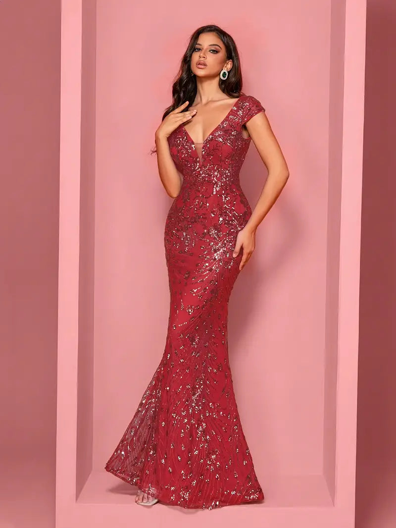 Sequin Sleeveless V Neck Gown in Red