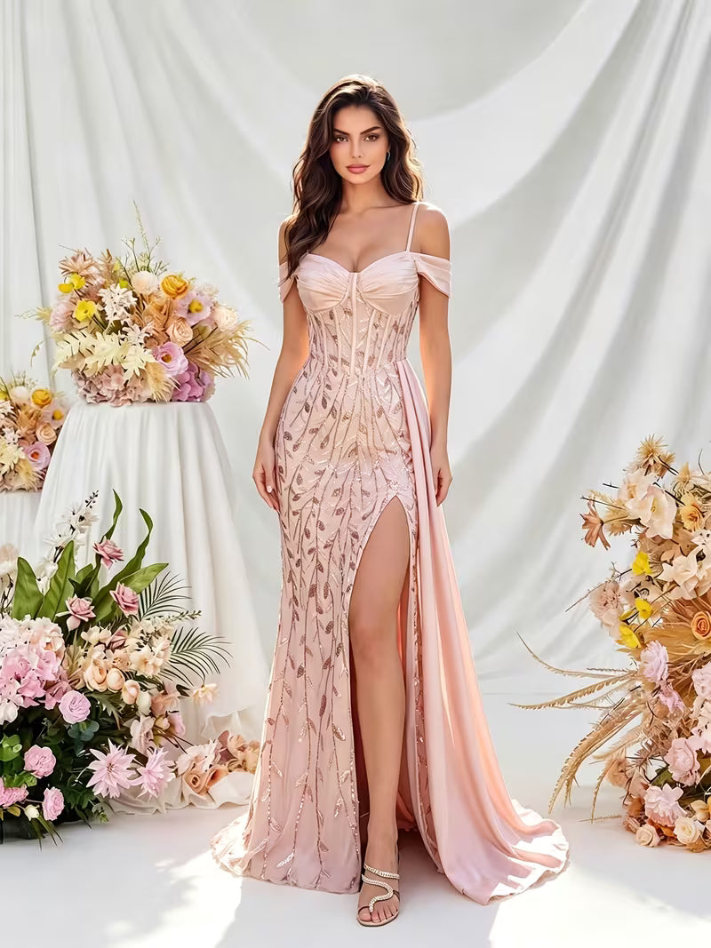 Elegant Open Shoulder Fish Tail Gown in Champagne