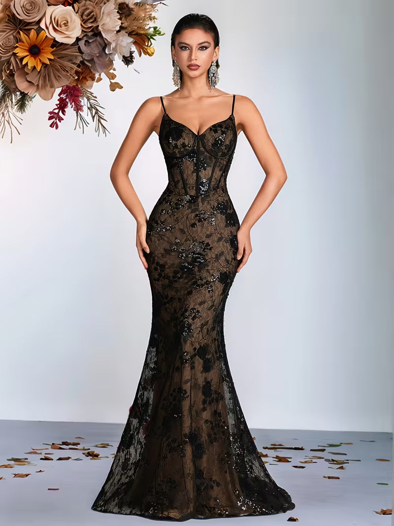 Black and Nude Lace & Sequin print Dress