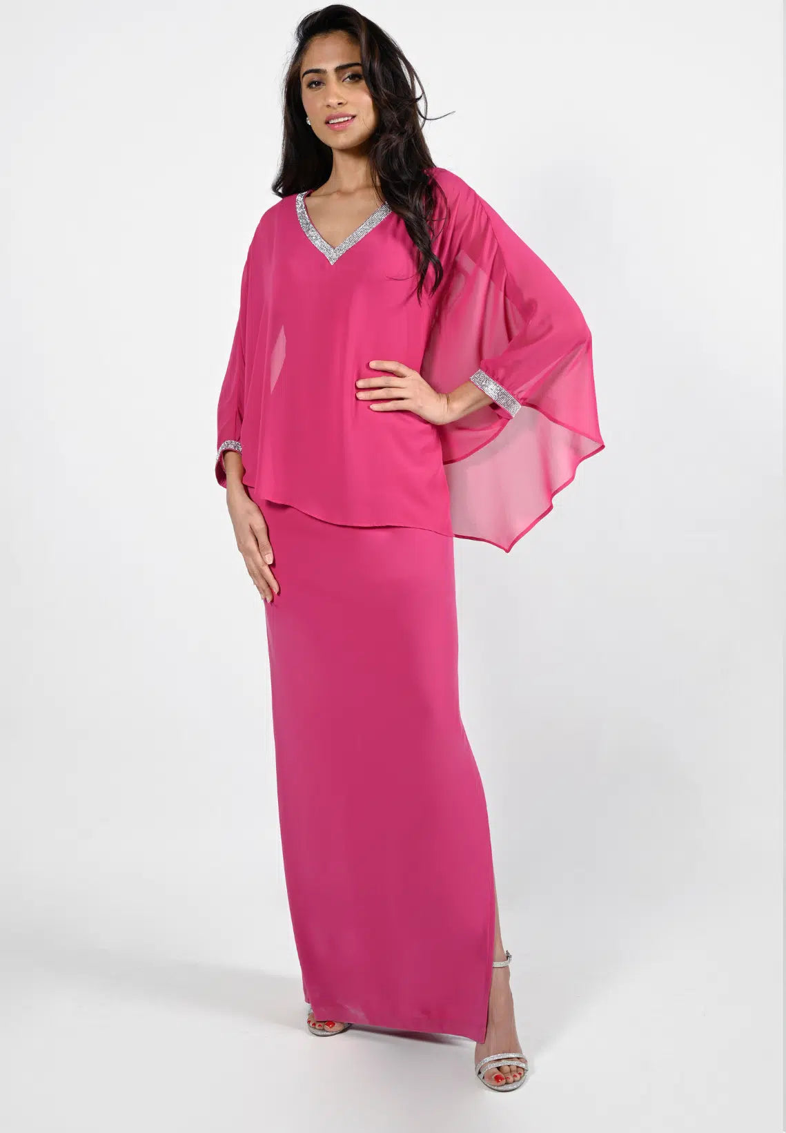 Long Sequin Neck Detail Overlay Gown In Magenta 227009 - After Hours Boutique