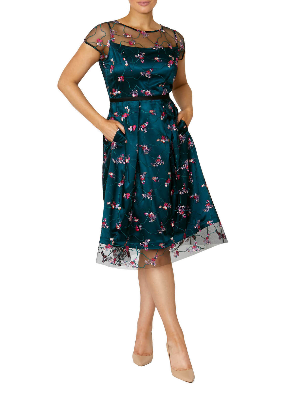 Emerald Green/Multi Embroidered A-Line Dress