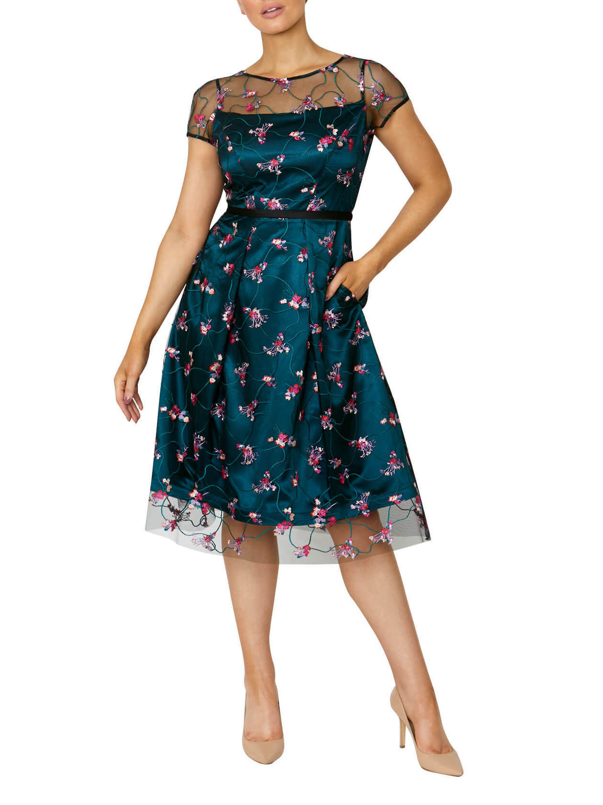 Emerald Green/Multi Embroidered A-Line Dress