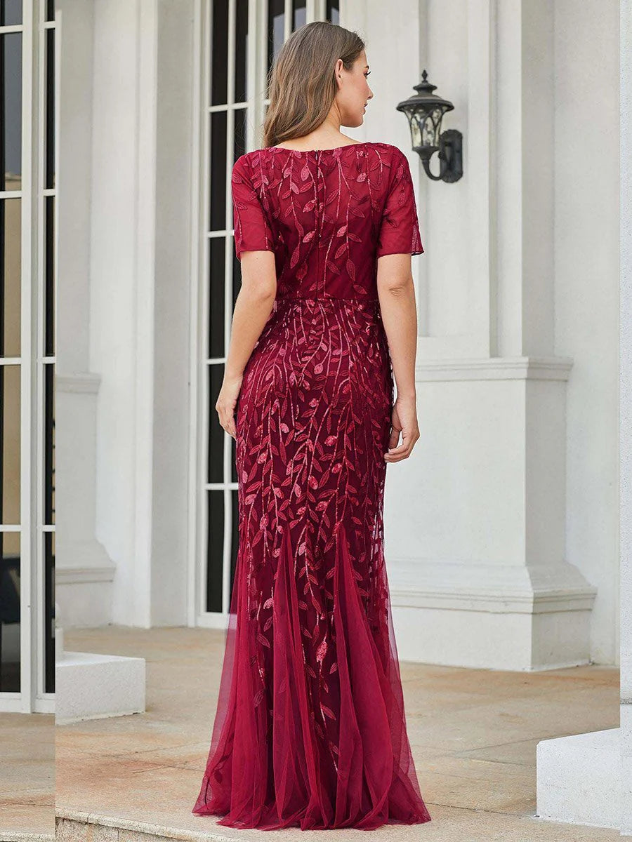 Sequin Fishtail Tulle Gown in Burgundy