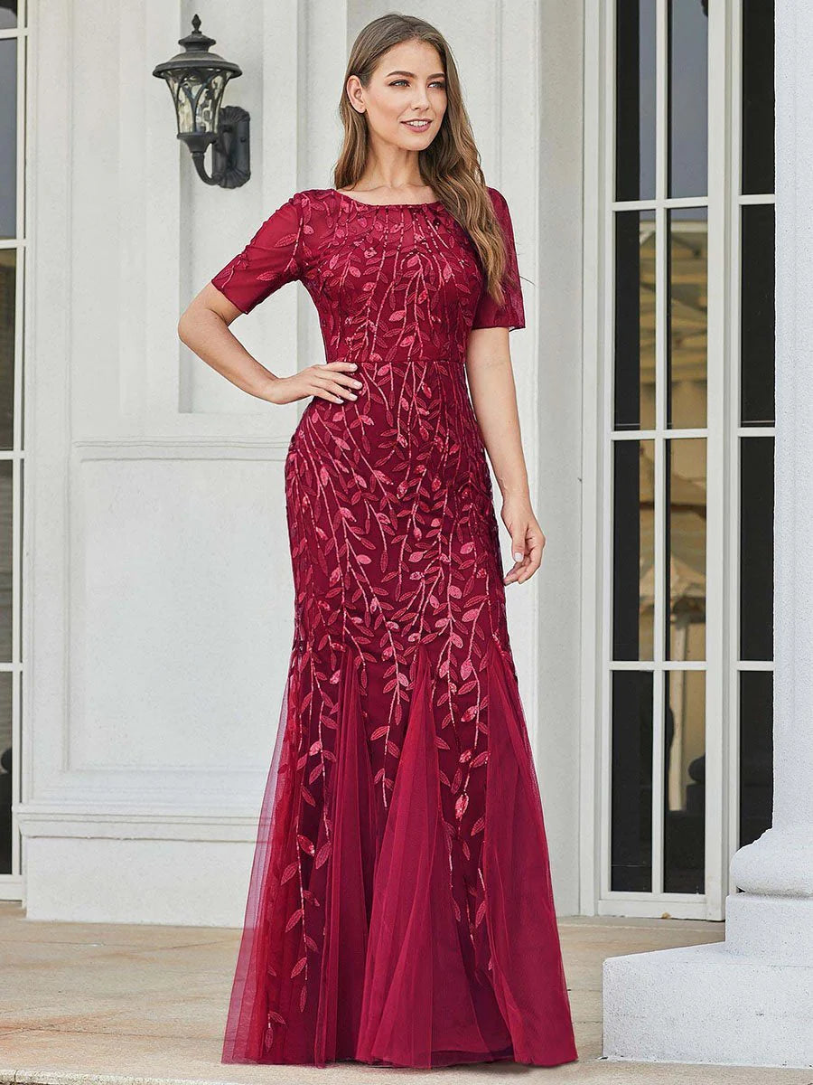 Sequin Fishtail Tulle Gown in Burgundy
