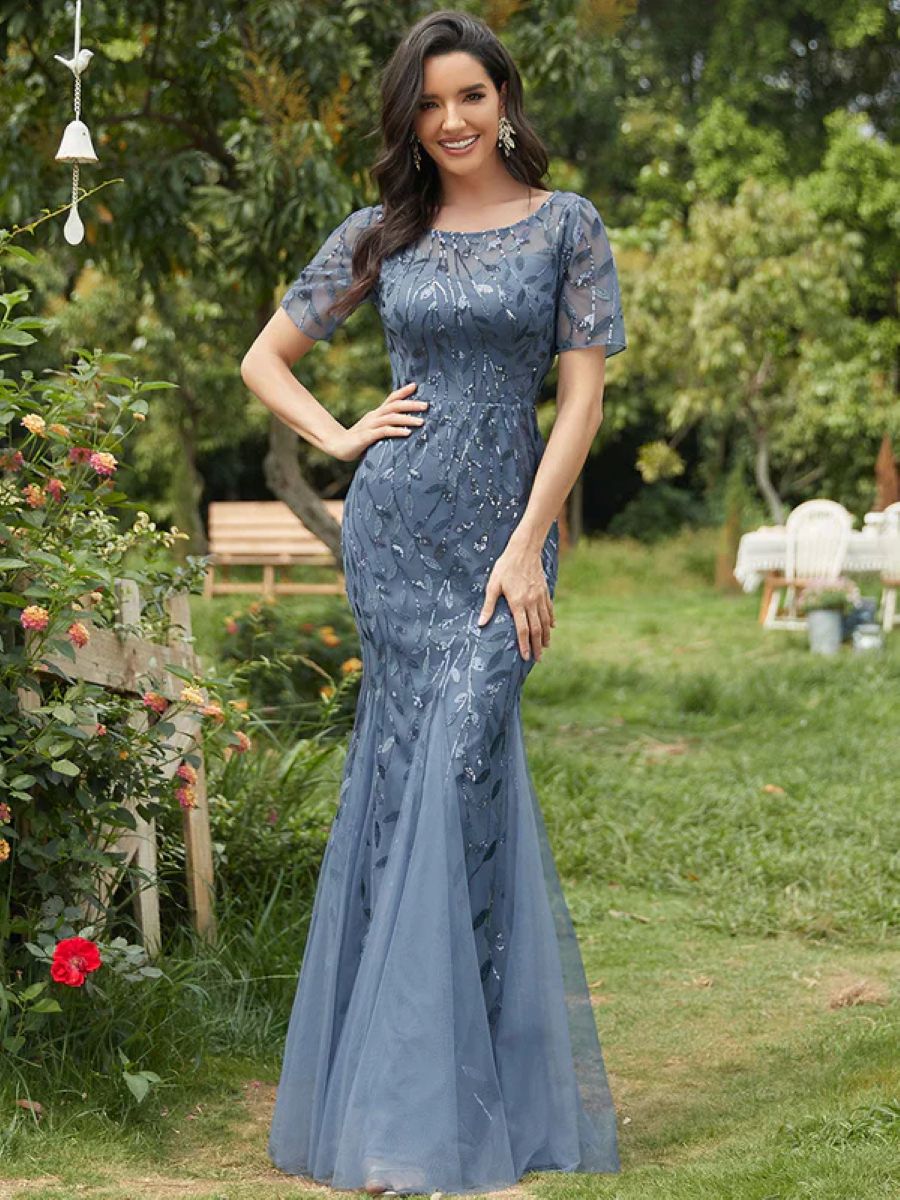 Sequin Fishtail Tulle Gown in Dusty Blue