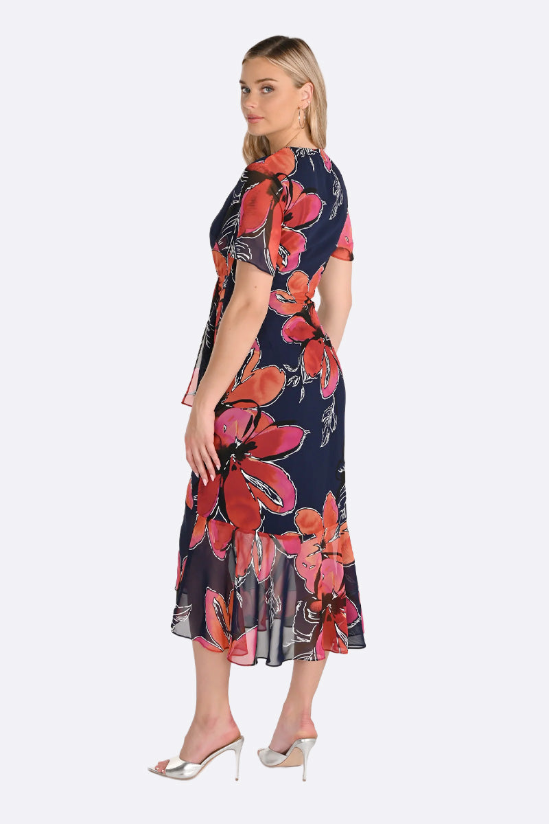 Flowy Wrap Style Dress in Indigo & Magenta