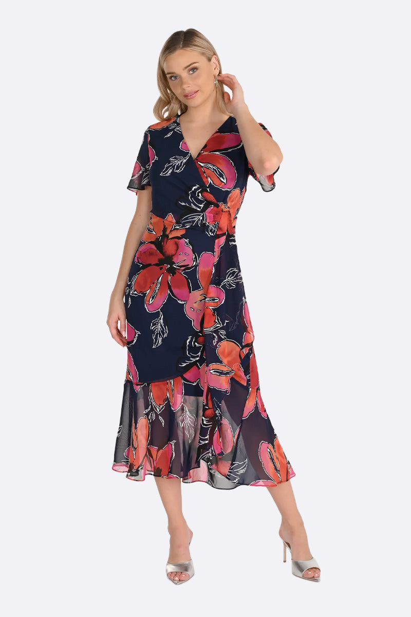 Flowy Wrap Style Dress in Indigo & Magenta