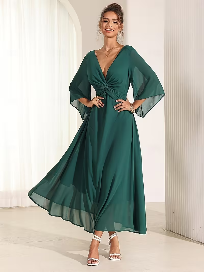 Chiffon Fit & Flare Maxi Dress in Forest Green