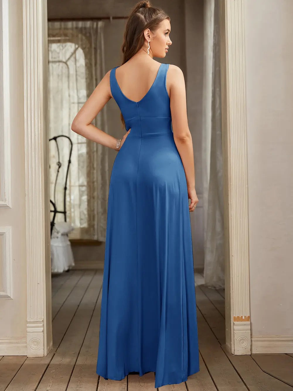 V-Neck Gown with Split in Periwinkle Blue