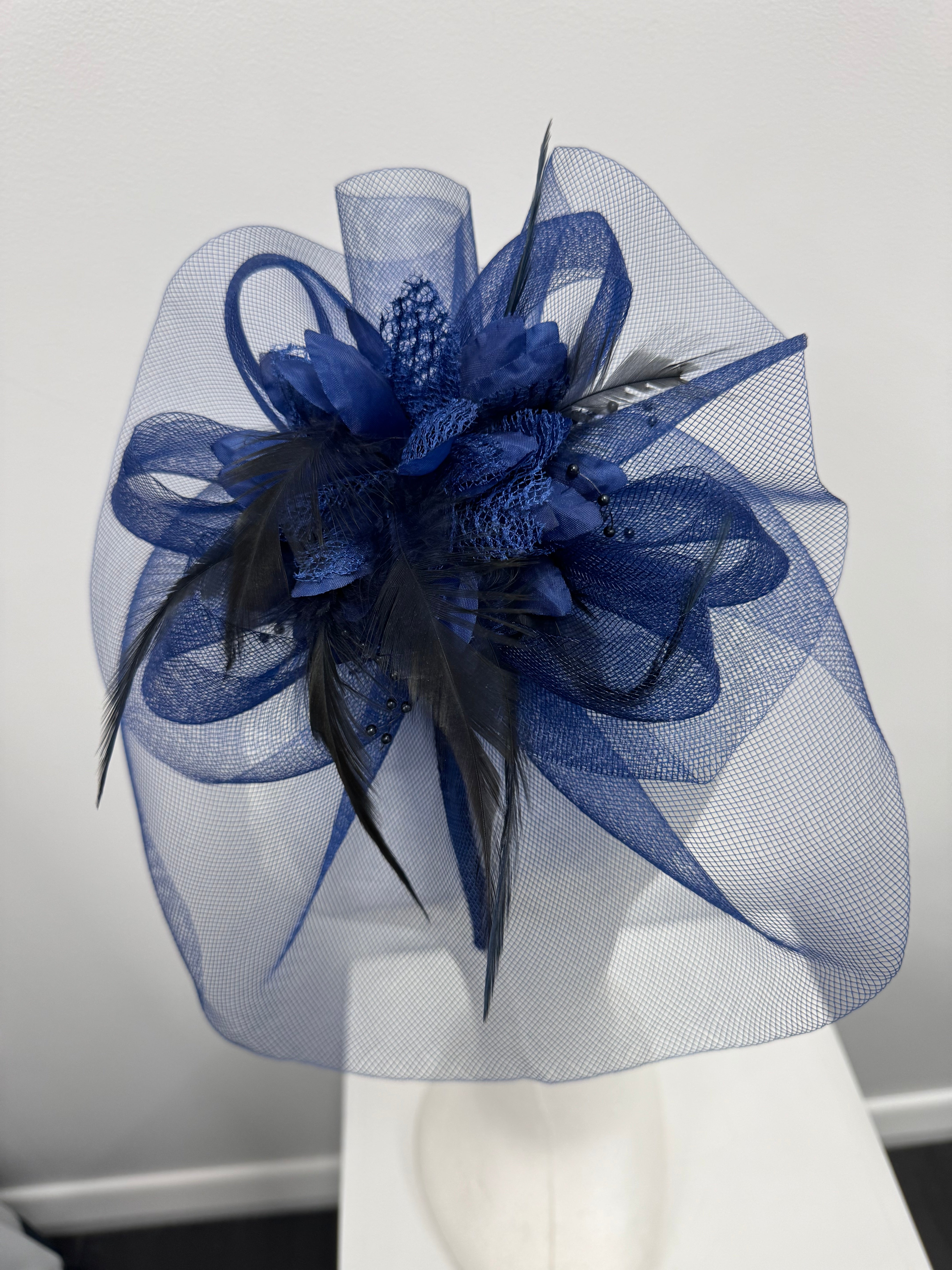 Navy Flower and Feather Fascinator