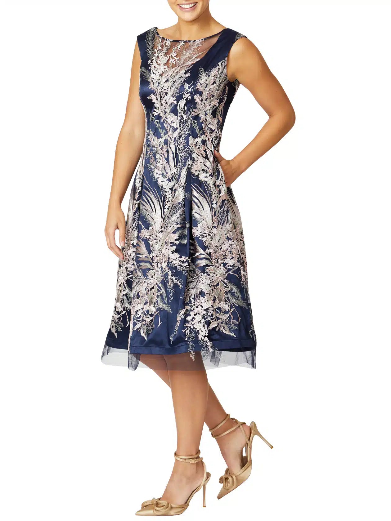 Navy A-Line Dress With Dusty Pink Embroidery Lace