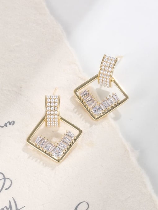 Gold-Plated CZ and Imitation Pearl Square Drop Earrings