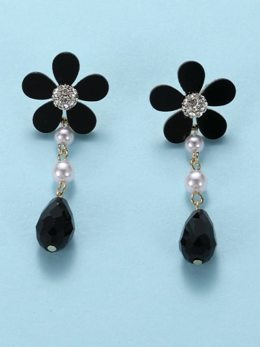Dainty Black Imitation Pearl Flower Drop Earrings