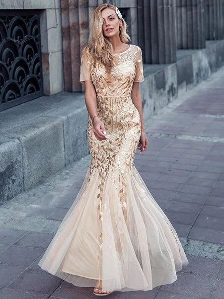 Sequin Fishtail Tulle Gown in Gold