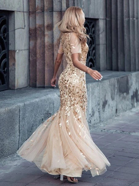 Sequin Fishtail Tulle Gown in Gold