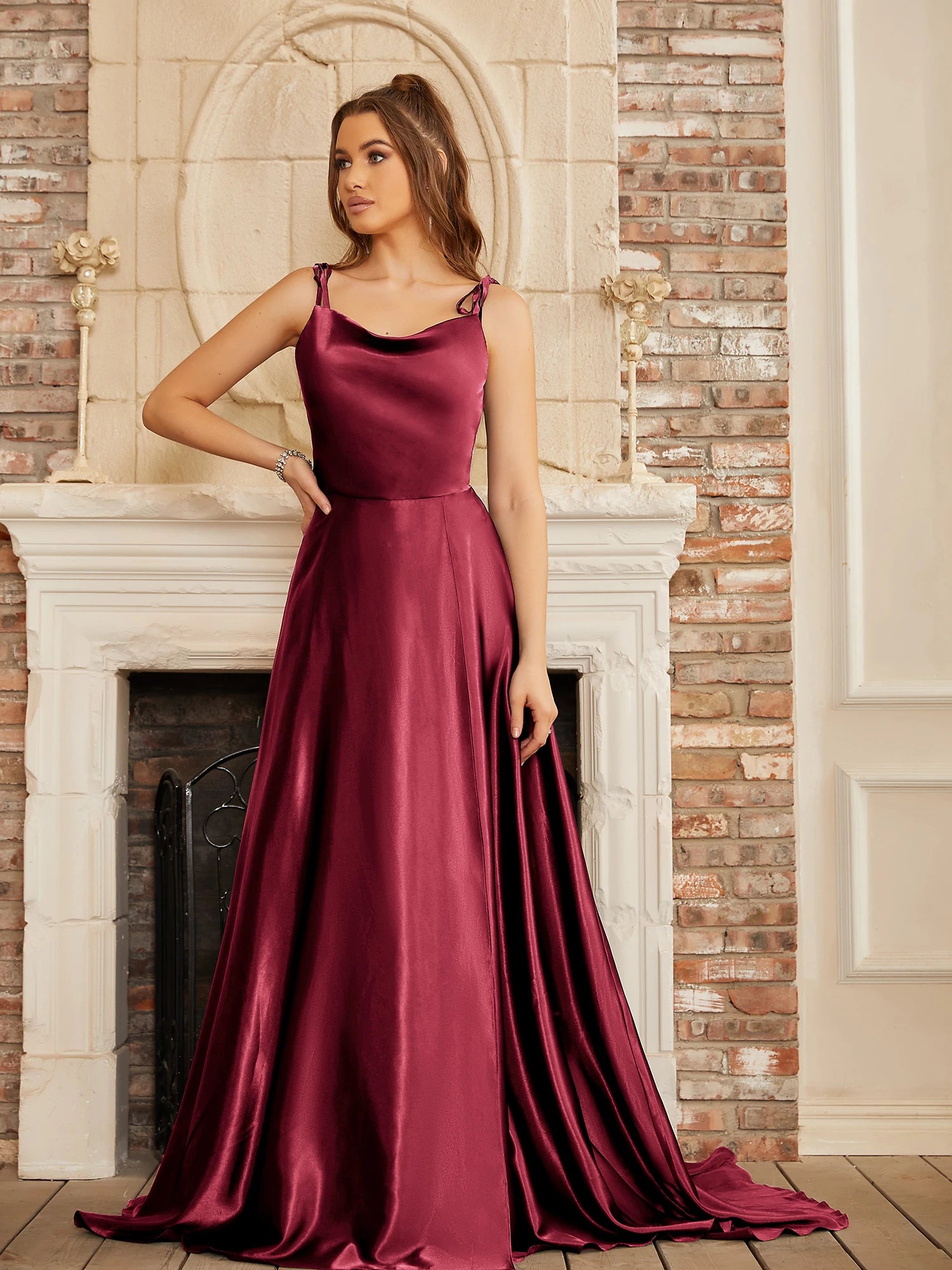 Simple Cowl Neck Satin Gown With Spaghetti Straps in Burgundy