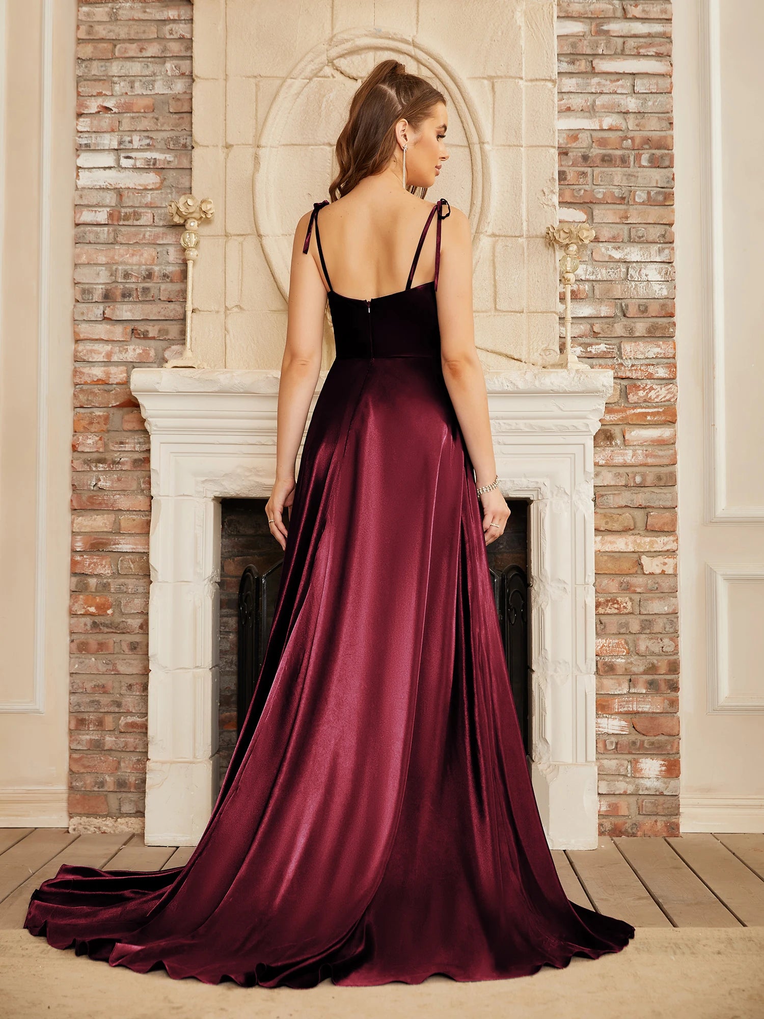 Simple Cowl Neck Satin Gown With Spaghetti Straps in Burgundy