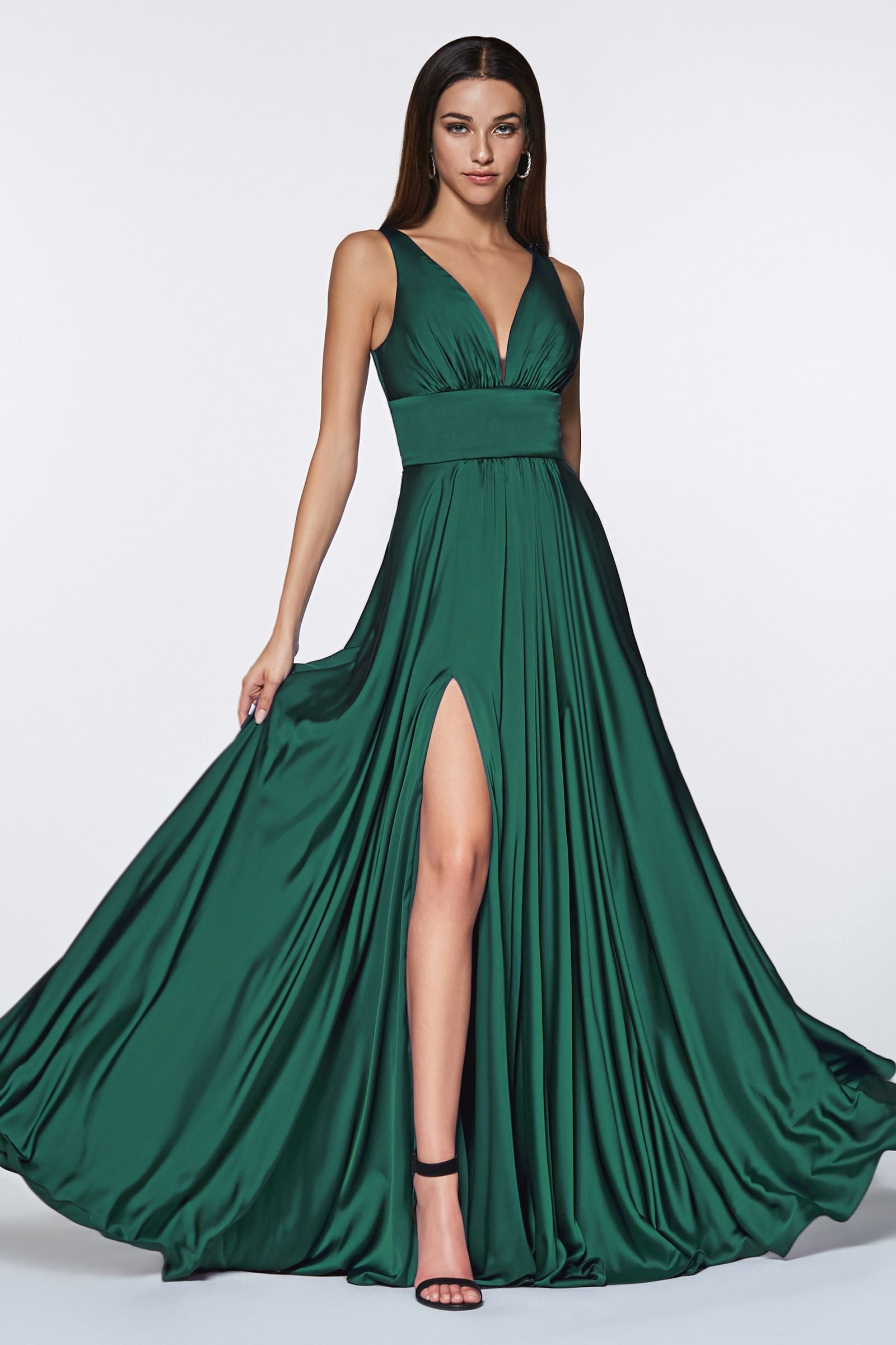 V-Neck Satin Ball Gown In Emerald T9647