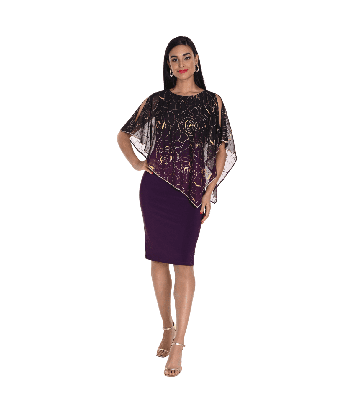 Gold Floral Embellished Chiffon Overlay Dress 249252