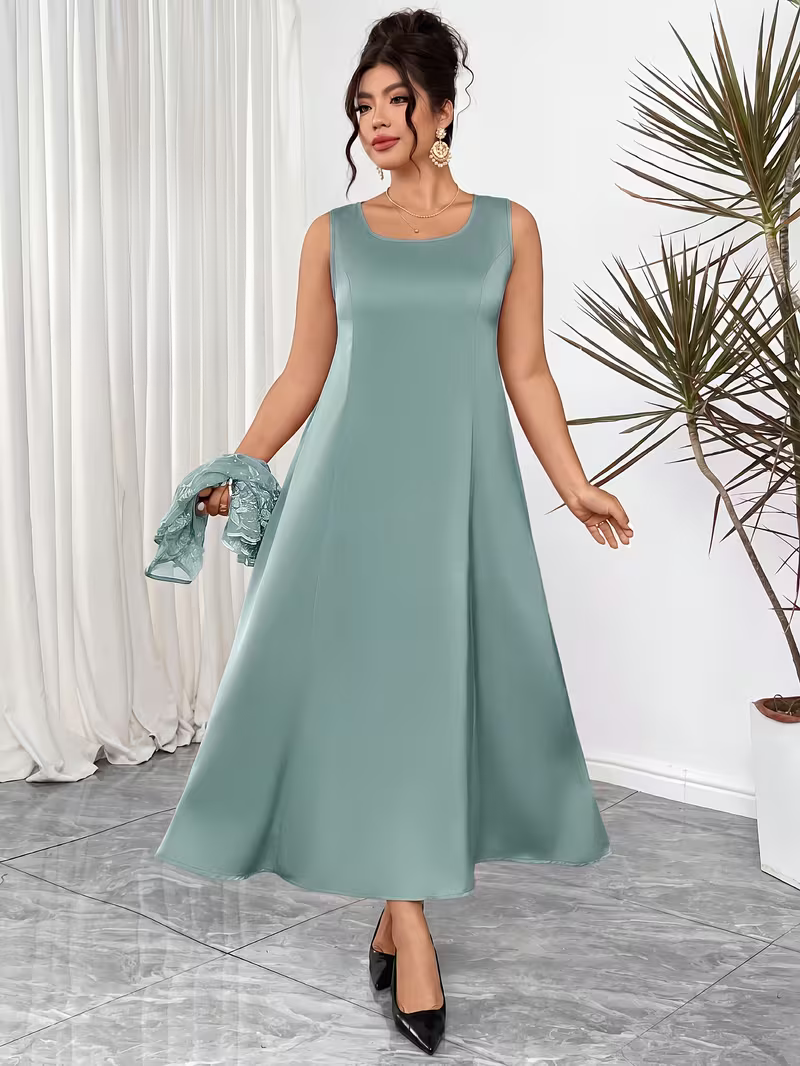 Satin Shift Dress with Matching Embroidered Jacket in Mineral Green