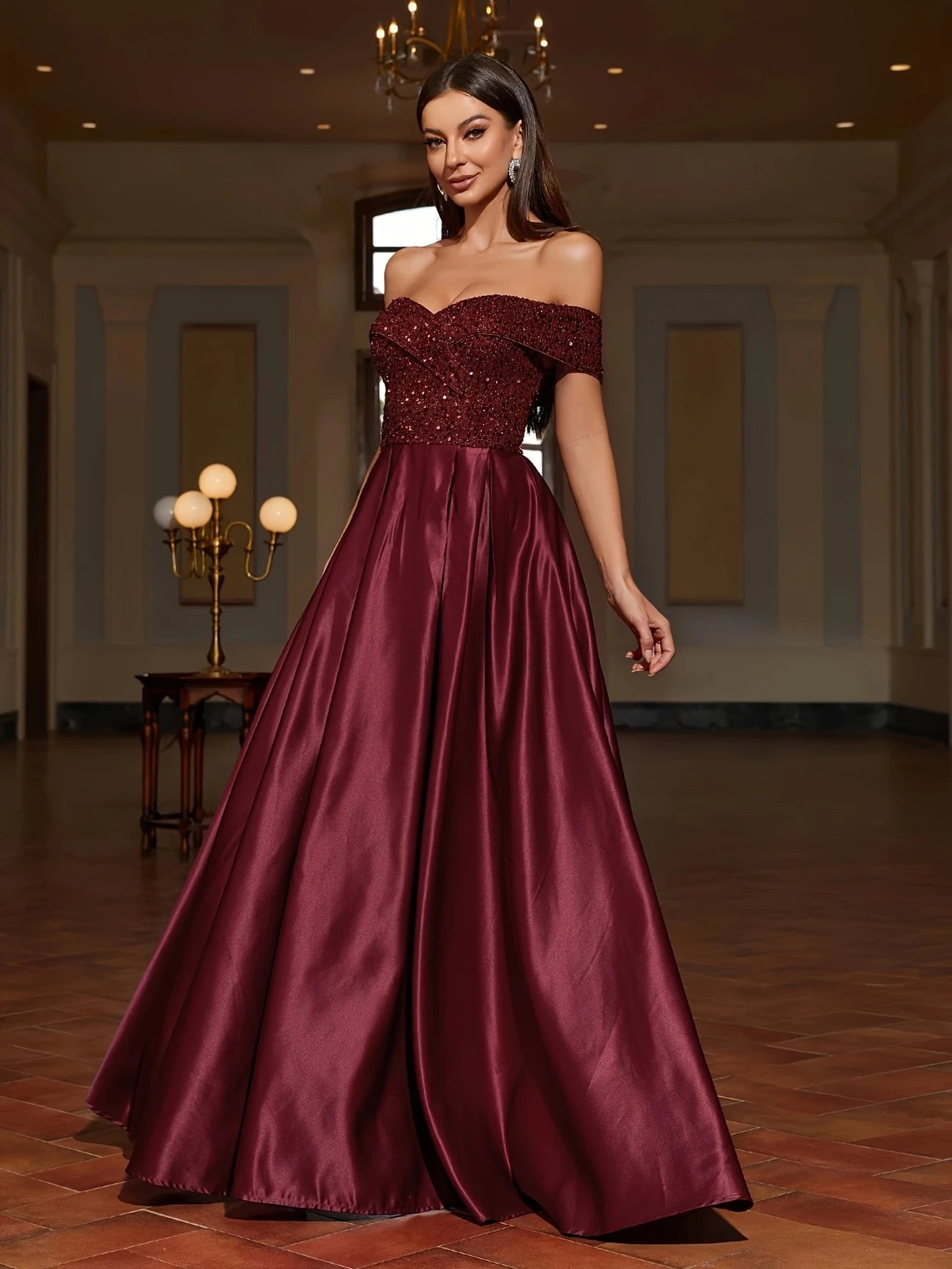Off the Shoulder A-Line Gown in Burgundy