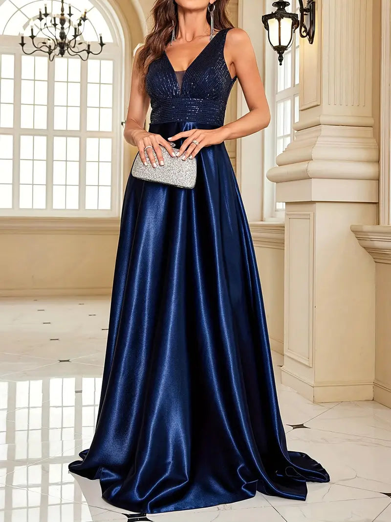 Satin Navy Blue Sequin Dress