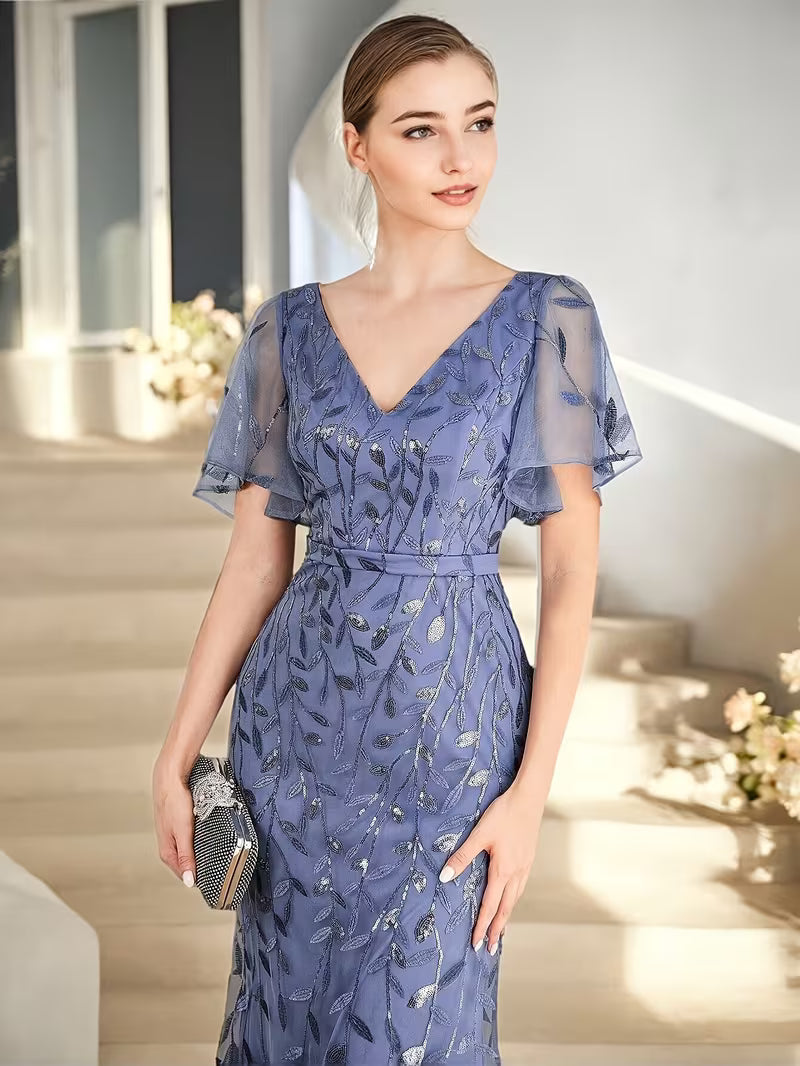 Sequin Mesh Mermaid Dress in Steel Blue