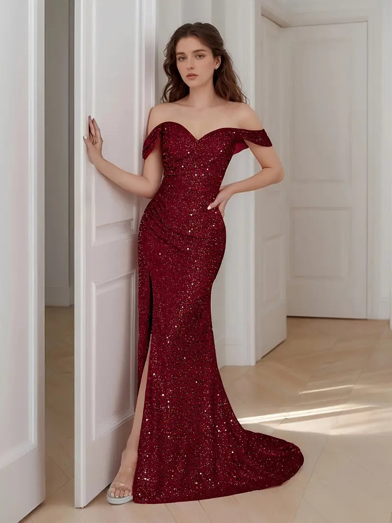 Sequin Off The Shoulder Split Hem Gown in Burgundy