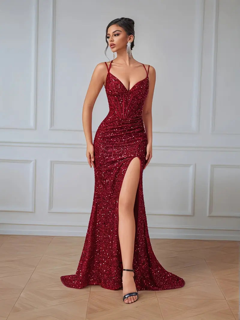 Sequin V- Neck Gown with High Split in Crimson