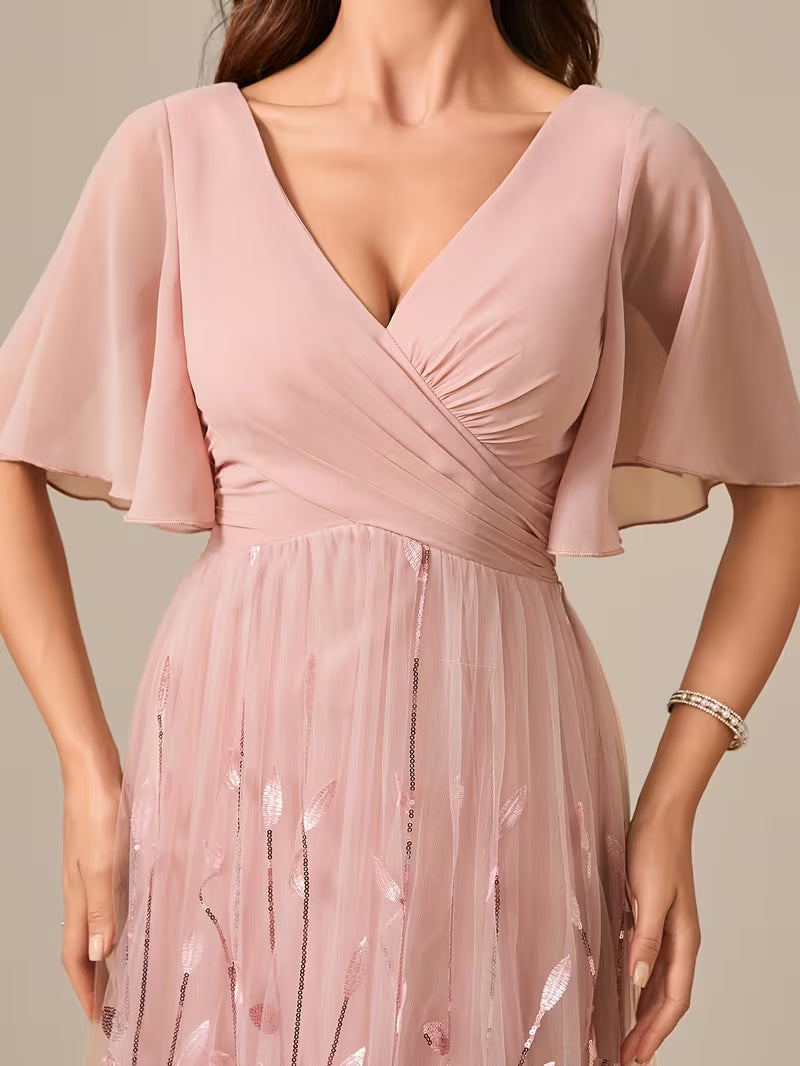 Chiffon & Mesh Leaf Print Gown