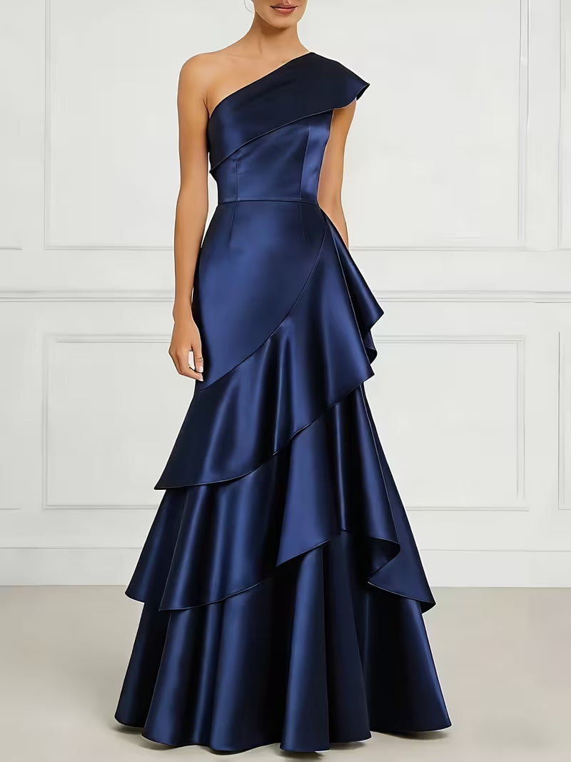 Elegant Navy one Shoulder Satin Multi-Tiered Maxi Dress