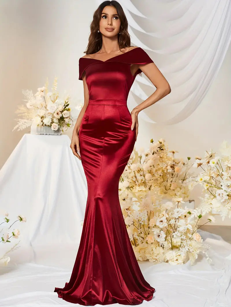 Satin Off-The-Shoulder Gown in Deep Red-CLEARANCE