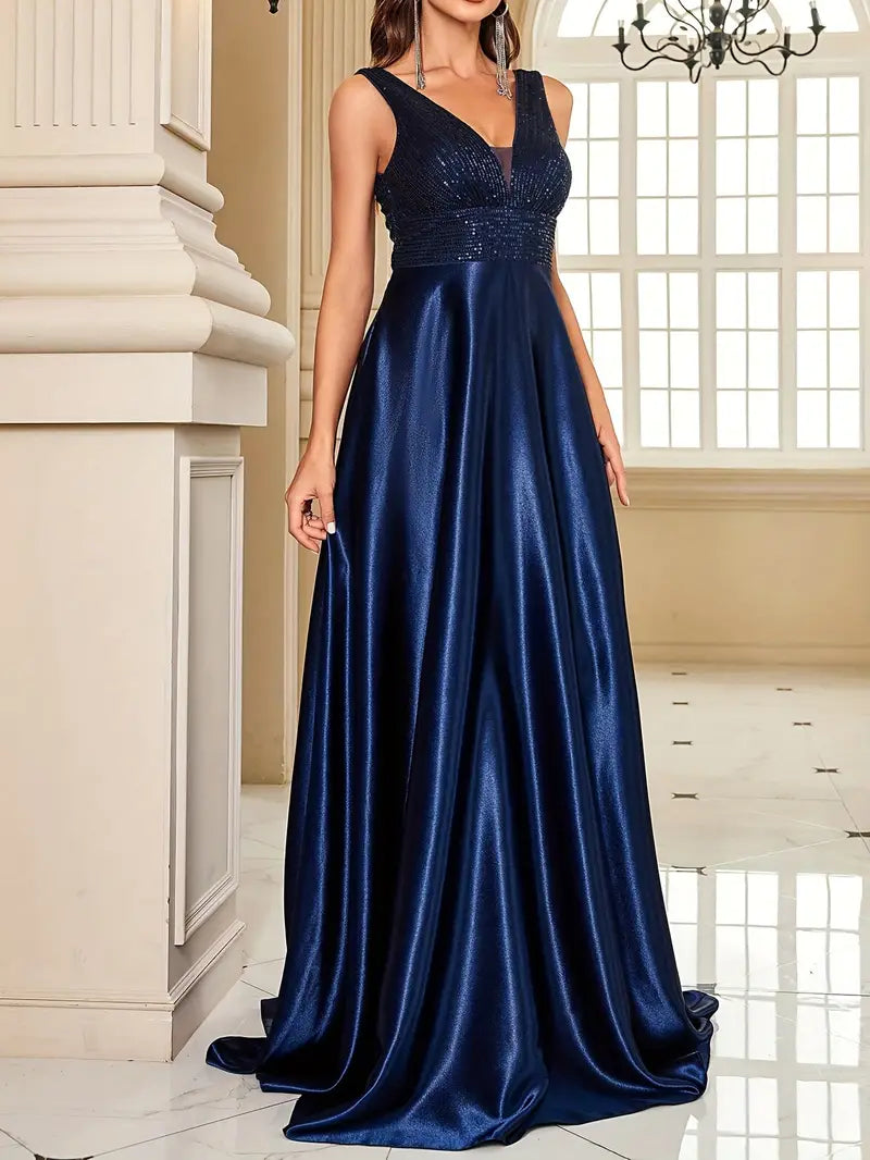 Satin Navy Blue Sequin Dress