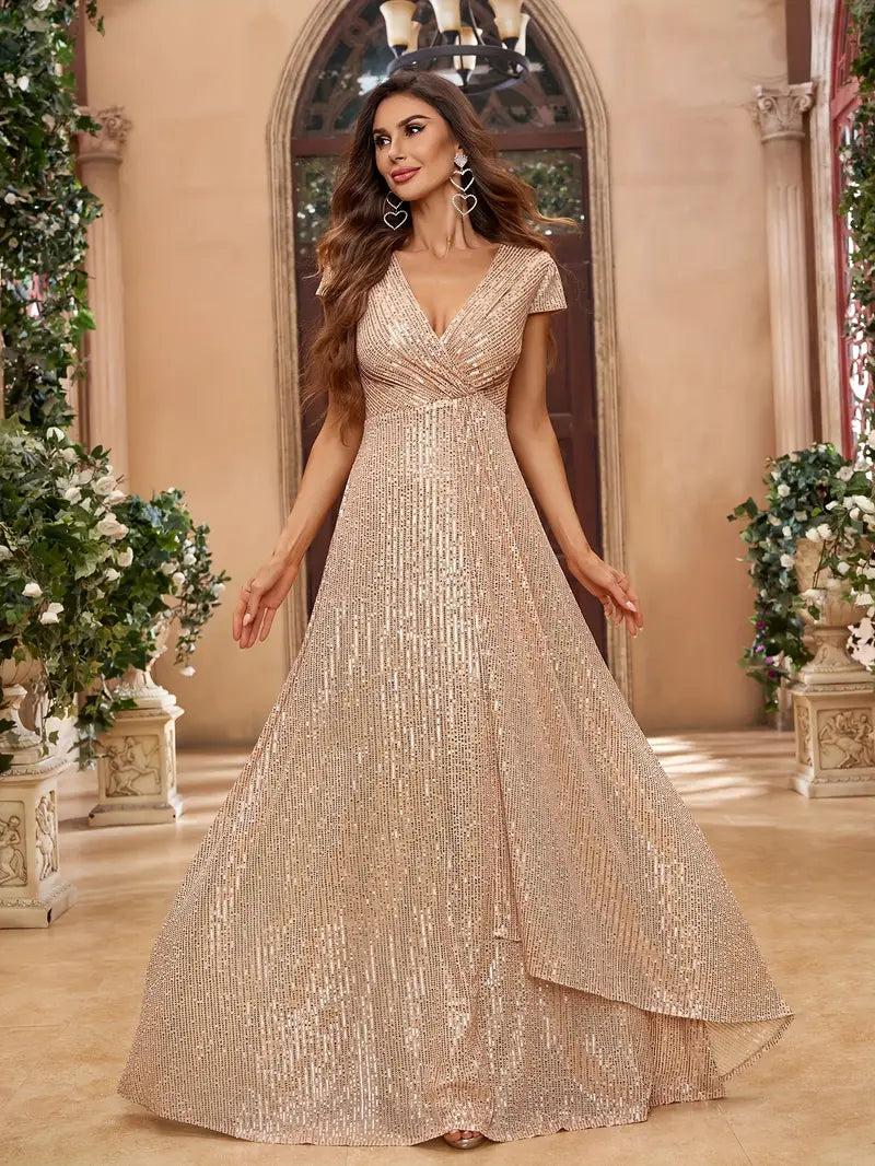 Cross over V Neck Sequin Gown in Light Gold
