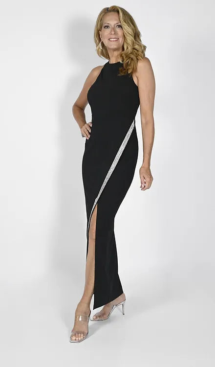 Black Fitted Long Dress With Diamante Trim 232151